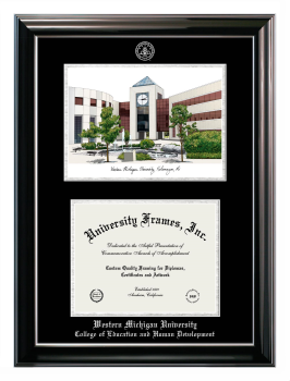 Western Michigan University College of Education and Human Development Double Opening with Campus Image (Stacked) Frame in Classic Ebony with Silver Trim with Black & Silver Mats for document: 8 1/2"h x 11"w  