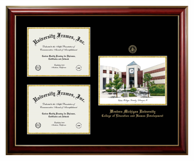 Western Michigan University College of Education and Human Development Triple Opening with Campus Image Frame in Classic Mahogany with Gold Trim with Black & Gold Mats for document: 8 1/2"h x 11"w  , document: 8 1/2"h x 11"w  
