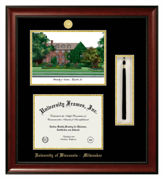 University of Wisconsin - Milwaukee Double Opening with Campus Image & Tassel Box (Stacked) Frame in Avalon Mahogany with Black & Gold Mats for DOCUMENT: 8 1/2"H X 11"W  