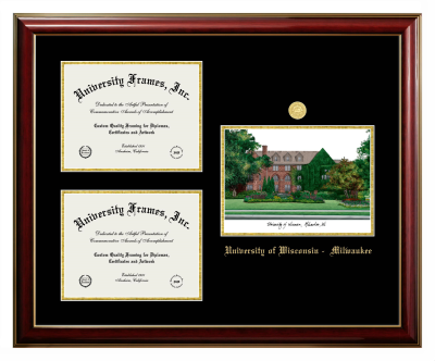 University of Wisconsin - Milwaukee Triple Opening with Campus Image Frame in Classic Mahogany with Gold Trim with Black & Gold Mats for DOCUMENT: 8 1/2"H X 11"W  , DOCUMENT: 8 1/2"H X 11"W  