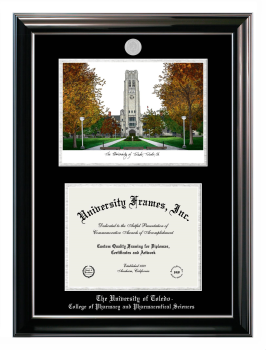 University of Toledo College of Pharmacy and Pharmaceutical Sciences Double Opening with Campus Image (Stacked) Frame in Classic Ebony with Silver Trim with Black & Silver Mats for document: 8 1/2"h x 11"w  