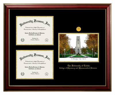 University of Toledo College of Pharmacy and Pharmaceutical Sciences Triple Opening with Campus Image Frame in Classic Mahogany with Gold Trim with Black & Gold Mats for document: 8 1/2"h x 11"w  , document: 8 1/2"h x 11"w  