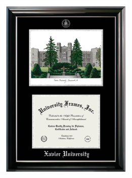 Xavier University Double Opening with Campus Image (Stacked) Frame in Classic Ebony with Silver Trim with Black & Silver Mats for document: 8 1/2"h x 11"w  