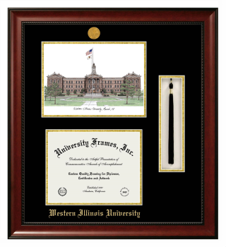 Western Illinois University Double Opening with Campus Image & Tassel Box (Stacked) Frame in Avalon Mahogany with Black & Gold Mats for document: 8 1/2"h x 11"w  