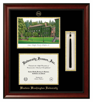 Western Washington University Double Opening with Campus Image & Tassel Box (Stacked) Frame in Avalon Mahogany with Black & Gold Mats for  8 1/2"h x 11"w  