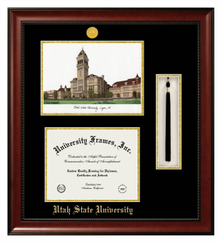 Utah State University Double Opening with Campus Image & Tassel Box (Stacked) Frame in Avalon Mahogany with Black & Gold Mats for document: 8 1/2"h x 11"w  
