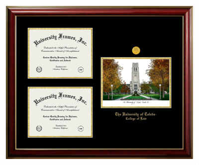 University of Toledo College of Law Triple Opening with Campus Image Frame in Classic Mahogany with Gold Trim with Black & Gold Mats for document: 8 1/2"h x 11"w  , document: 8 1/2"h x 11"w  