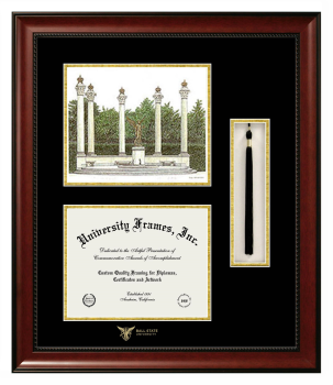 Ball State University Double Opening with Campus Image & Tassel Box (Stacked) Frame in Avalon Mahogany with Black & Gold Mats for DOCUMENT: 8 1/2"H X 11"W  