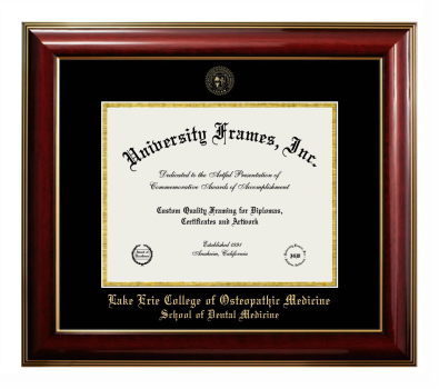 Lake Erie College of Osteopathic Medicine School of Dental Medicine Diploma Frame in Classic Mahogany with Gold Trim with Black & Gold Mats for DOCUMENT: 8 1/2"H X 11"W  