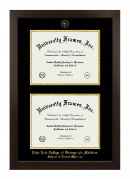 Lake Erie College of Osteopathic Medicine School of Dental Medicine Double Degree (Stacked) Frame in Manhattan Espresso with Black & Gold Mats for document: 8 1/2"h x 11"w  , document: 8 1/2"h x 11"w  
