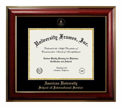 American University School of International Service Diploma Frame in Classic Mahogany with Gold Trim with Black & Gold Mats for document: 8 1/2"h x 11"w  