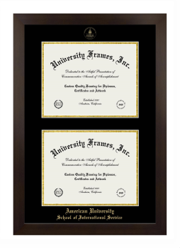 American University School of International Service Double Degree (Stacked) Frame in Manhattan Espresso with Black & Gold Mats for document: 8 1/2"h x 11"w  , document: 8 1/2"h x 11"w  
