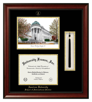 American University School of International Service Double Opening with Campus Image & Tassel Box (Stacked) Frame in Avalon Mahogany with Black & Gold Mats for document: 8 1/2"h x 11"w  