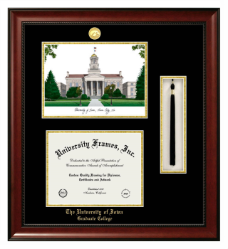 University of Iowa Graduate College Double Opening with Campus Image & Tassel Box (Stacked) Frame in Avalon Mahogany with Black & Gold Mats for document: 8 1/2"h x 11"w  