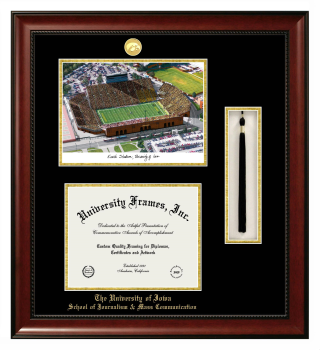 University of Iowa School of Journalism & Mass Communication Double Opening with Campus Image & Tassel Box (Stacked) Frame in Avalon Mahogany with Black & Gold Mats for document: 8 1/2"h x 11"w  