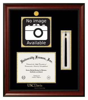 University of Southern California Davis School of Gerontology Double Opening with Campus Image & Tassel Box (Stacked) Frame in Avalon Mahogany with Black & Gold Mats for document: 8 1/2"h x 11"w  
