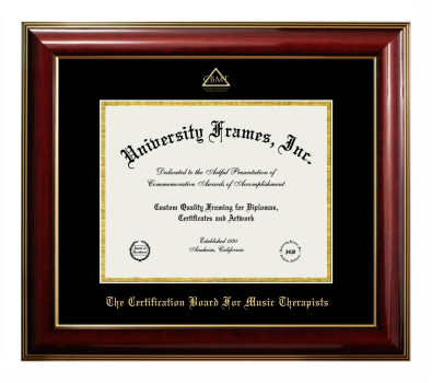 Certification Board For Music Therapists Diploma Frame in Classic Mahogany with Gold Trim with Black & Gold Mats for DOCUMENT: 8 1/2"H X 11"W  