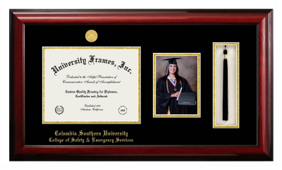 Columbia Southern University College of Safety & Emergency Services Diploma with 5 x 7 Portrait & Tassel Box Frame in Classic Mahogany with Black & Gold Mats for document: 8 1/2"h x 11"w  