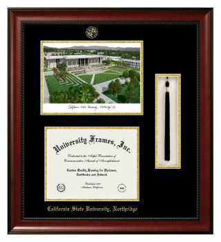 California State University, Northridge Double Opening with Campus Image & Tassel Box (Stacked) Frame in Avalon Mahogany with Black & Gold Mats for DOCUMENT: 8 1/2"H X 11"W  