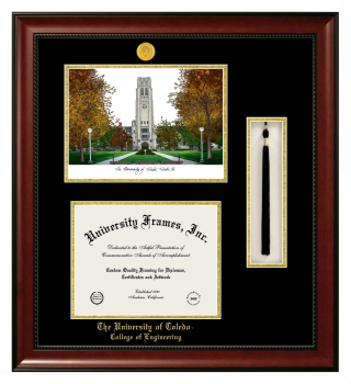 University of Toledo College of Engineering Double Opening with Campus Image & Tassel Box (Stacked) Frame in Avalon Mahogany with Black & Gold Mats for document: 8 1/2"h x 11"w  