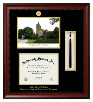 University of Illinois Department of Civil and Environmental Engineering Double Opening with Campus Image & Tassel Box (Stacked) Frame in Avalon Mahogany with Black & Gold Mats for document: 8 1/2"h x 11"w  
