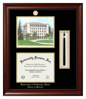 University of California Davis School of Medicine Double Opening with Campus Image & Tassel Box (Stacked) Frame in Avalon Mahogany with Black & Gold Mats for document: 8 1/2"h x 11"w  