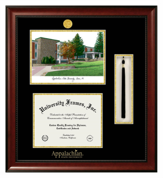 Appalachian State University Double Opening with Campus Image & Tassel Box (Stacked) Frame in Avalon Mahogany with Black & Gold Mats for DOCUMENT: 8 1/2"H X 11"W  