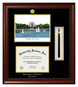 University of Houston Law Center Double Opening with Campus Image & Tassel Box (Stacked) Frame in Avalon Mahogany with Black & Gold Mats for document: 8 1/2"h x 11"w  