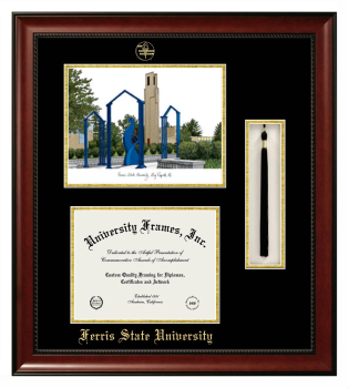 Ferris State University Double Opening with Campus Image & Tassel Box (Stacked) Frame in Avalon Mahogany with Black & Gold Mats for DOCUMENT: 8 1/2"H X 11"W  