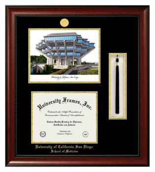 University of California San Diego School of Medicine Double Opening with Campus Image & Tassel Box (Stacked) Frame in Avalon Mahogany with Black & Gold Mats for document: 8 1/2"h x 11"w  
