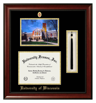 University of Wisconsin (Madison) Double Opening with Campus Image & Tassel Box (Stacked) Frame in Avalon Mahogany with Black & Gold Mats for  8"h x 10"w  