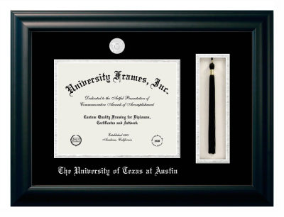 University of Texas at Austin Diploma with Tassel Box Frame in Satin Black with Black & Silver Mats for DOCUMENT: 8 1/2"H X 11"W  
