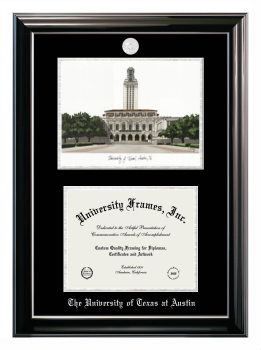 University of Texas at Austin Double Opening with Campus Image (Stacked) Frame in Classic Ebony with Silver Trim with Black & Silver Mats for DOCUMENT: 8 1/2"H X 11"W  