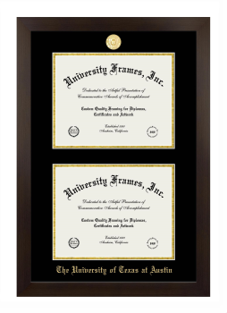 University of Texas at Austin Double Degree (Stacked) Frame in Manhattan Espresso with Black & Gold Mats for DOCUMENT: 8 1/2"H X 11"W  , DOCUMENT: 8 1/2"H X 11"W  