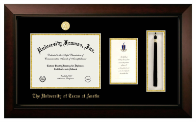 University of Texas at Austin Diploma with Announcement & Tassel Box Frame in Legacy Black Cherry with Black & Gold Mats for DOCUMENT: 8 1/2"H X 11"W  ,  7"H X 4"W  