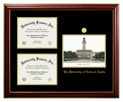 University of Texas at Austin Triple Opening with Campus Image Frame in Classic Mahogany with Gold Trim with Black & Gold Mats for DOCUMENT: 8 1/2"H X 11"W  , DOCUMENT: 8 1/2"H X 11"W  
