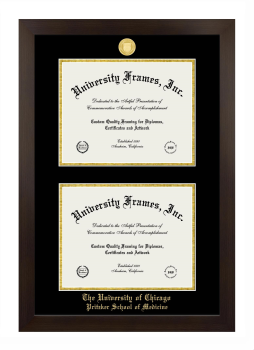 University of Chicago Pritzker School of Medicine Double Degree (Stacked) Frame in Manhattan Espresso with Black & Gold Mats for document: 8 1/2"h x 11"w  , document: 8 1/2"h x 11"w  