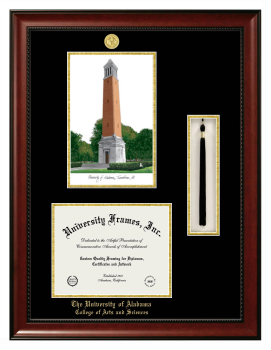 University of Alabama (Tuscaloosa) College of Arts and Sciences Double Opening with Campus Image & Tassel Box (Stacked) Frame in Avalon Mahogany with Black & Gold Mats for document: 8 1/2"h x 11"w  