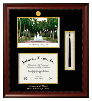 University of Miami Miller School of Medicine Double Opening with Campus Image & Tassel Box (Stacked) Frame in Avalon Mahogany with Black & Gold Mats for document: 8 1/2"h x 11"w  