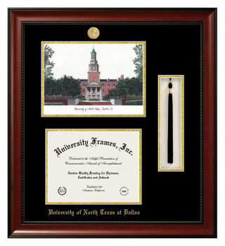 University of North Texas at Dallas Double Opening with Campus Image & Tassel Box (Stacked) Frame in Avalon Mahogany with Black & Gold Mats for  11"h x 14"w  