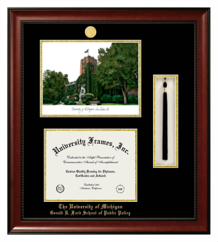 University of Michigan Gerald R. Ford School of Public Policy Double Opening with Campus Image & Tassel Box (Stacked) Frame in Avalon Mahogany with Black & Gold Mats for DOCUMENT: 8 1/2"H X 11"W  