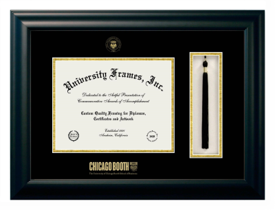 University of Chicago Booth School of Business Diploma with Tassel Box Frame in Satin Black with Black & Gold Mats for document: 8 1/2"h x 11"w  
