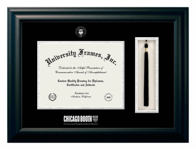 University of Chicago Booth School of Business Diploma with Tassel Box Frame in Satin Black with Black & Silver Mats for document: 8 1/2"h x 11"w  