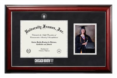 University of Chicago Booth School of Business Diploma with 5 x 7 Portrait Frame in Classic Mahogany with Silver Trim with Black Suede & Silver Mats for document: 8 1/2"h x 11"w  