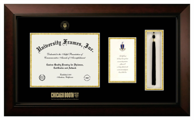 University of Chicago Booth School of Business Diploma with Announcement & Tassel Box Frame in Legacy Black Cherry with Black & Gold Mats for document: 8 1/2"h x 11"w  , diploma: 7"h x 4"w  