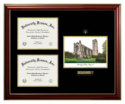 University of Chicago Booth School of Business Triple Opening with Campus Image Frame in Classic Mahogany with Gold Trim with Black & Gold Mats for DOCUMENT: 8 1/2"H X 11"W  , DOCUMENT: 8 1/2"H X 11"W  