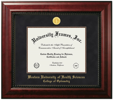 Western University of Health Sciences College of Optometry Diploma Frame in Executive with Mahogany Fillet with Black Suede Mat for document: 8 1/2"h x 11"w  