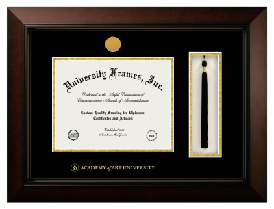 Academy of Art University Diploma with Tassel Box Frame in Legacy Black Cherry with Black & Gold Mats for document: 8 1/2"h x 11"w  