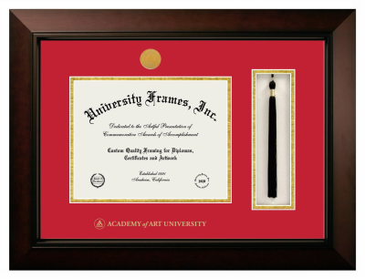 Academy of Art University Diploma with Tassel Box Frame in Legacy Black Cherry with Red & Gold Mats for DOCUMENT: 8 1/2"H X 11"W  