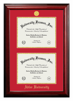 Adler University Double Diploma Frame in Classic Mahogany with Red & Gold Mats for DOCUMENT: 8 1/2"H X 11"W  , DOCUMENT: 8 1/2"H X 11"W  